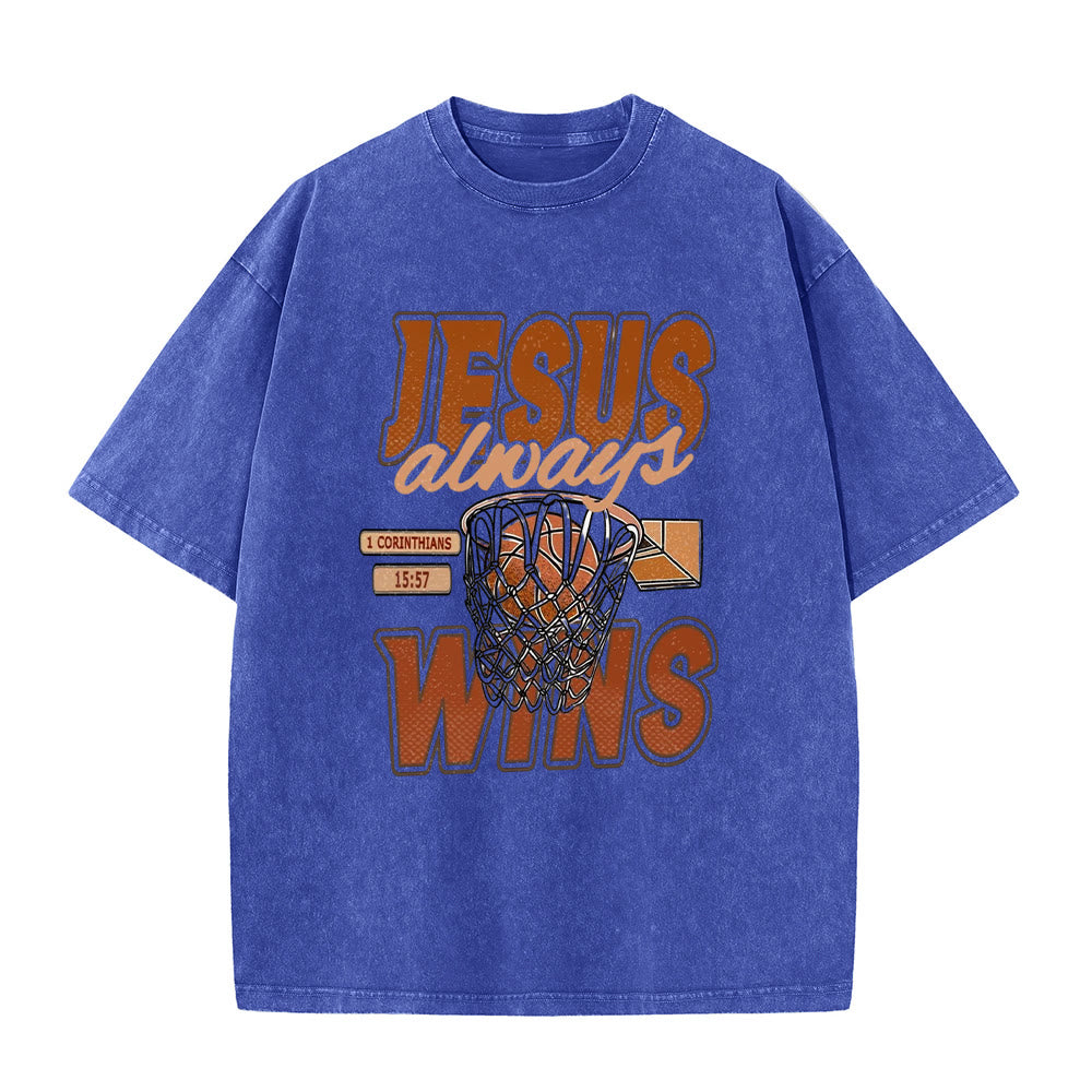 Christianartworkshop Jesus Always Wins Basketball Graphic Unisex Washed T-shirt