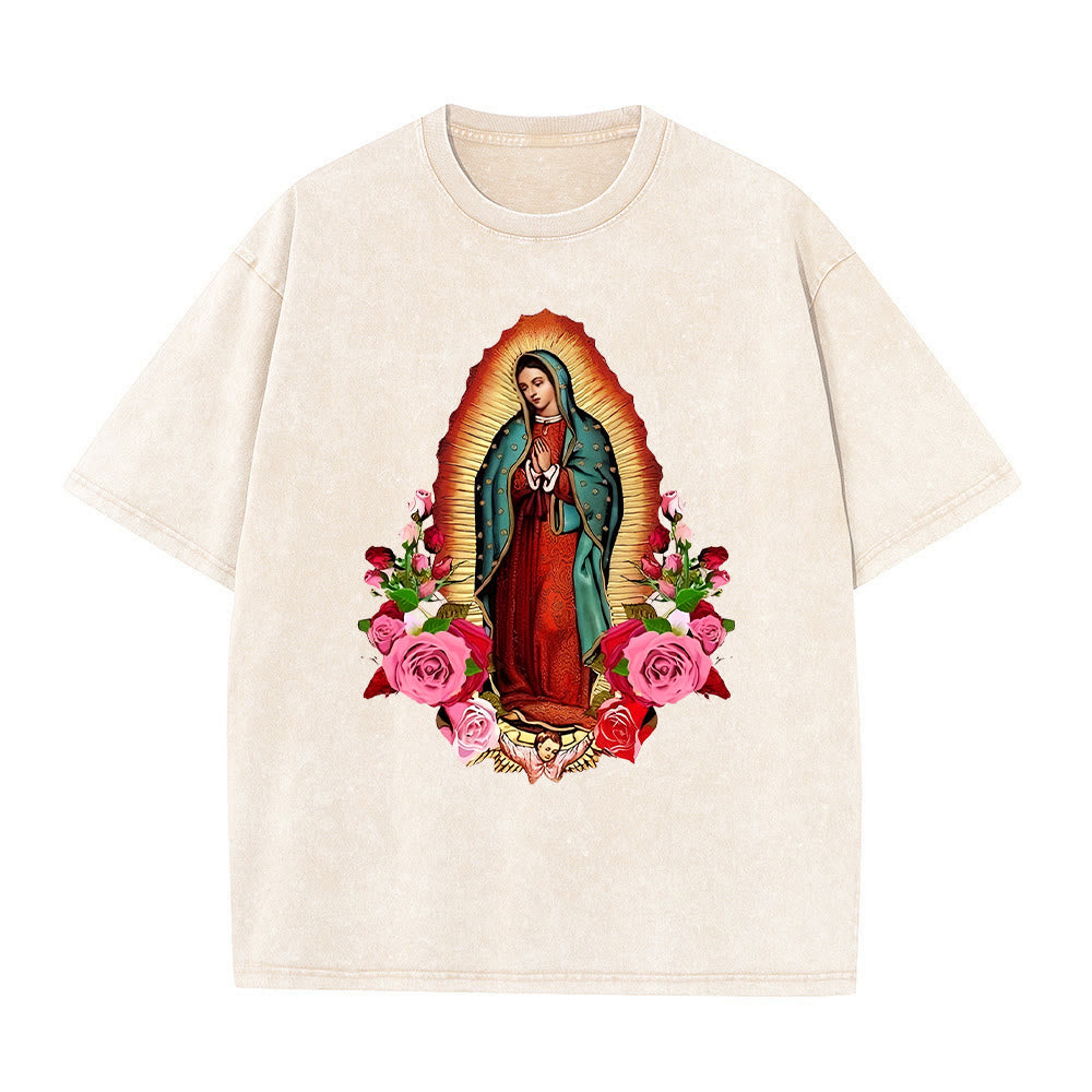 Christianartworkshop Vintage Our Lady of Guadalupe Floral Faith Unisex Washed T-Shirt