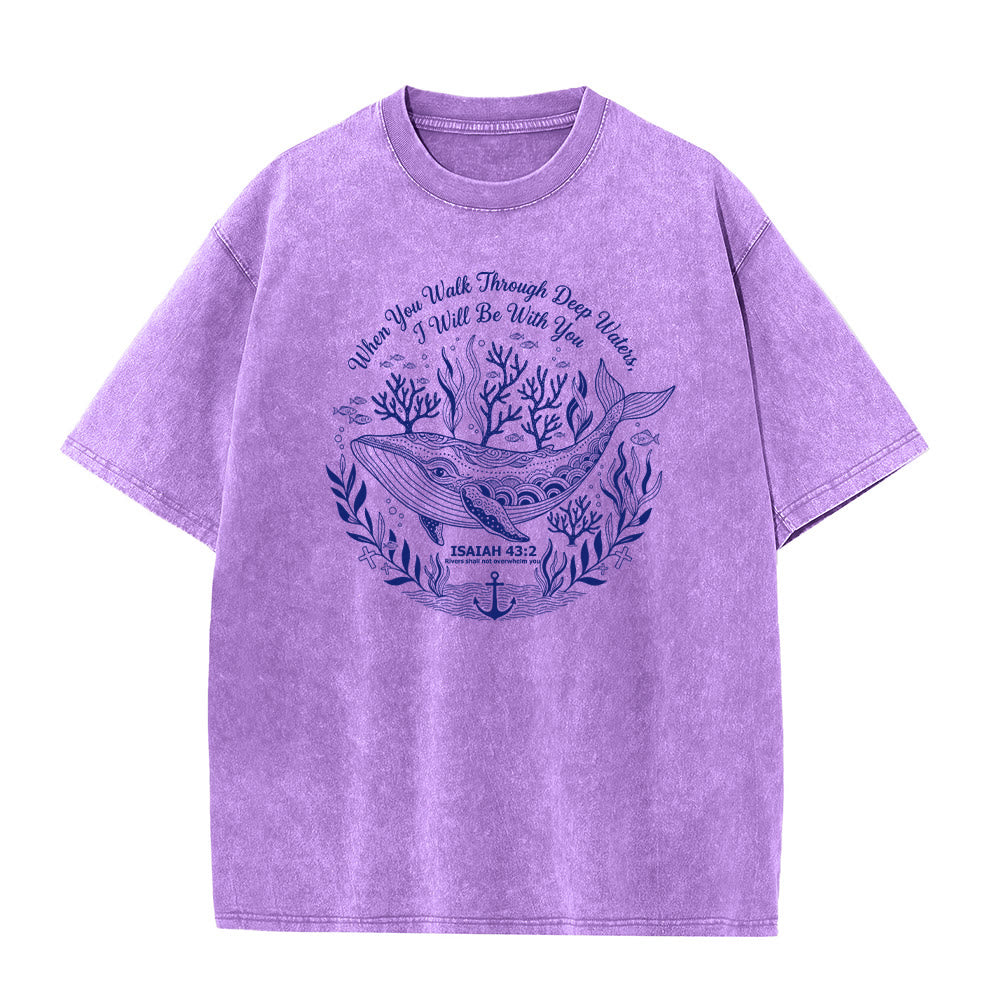 Christianartworkshop Isaiah 43:2 Whale Ocean Graphic Unisex Washed T-Shirt