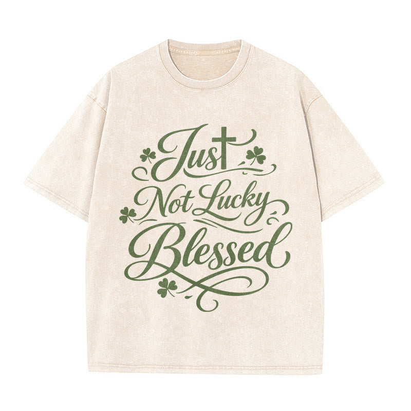 Christianartworkshop Just Not Lucky, Blessed Cross & Shamrock Unisex Washed T-Shirt