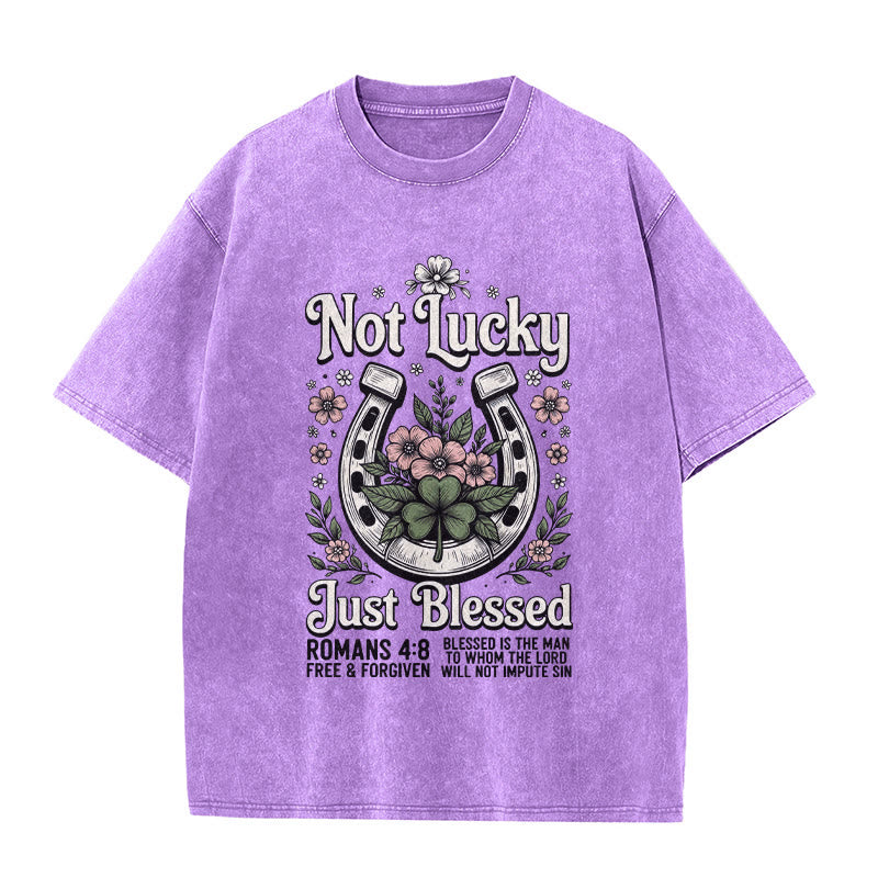 Christianartworkshop Not Lucky Just Blessed" Romans 4:8 Unisex Washed T-Shirt