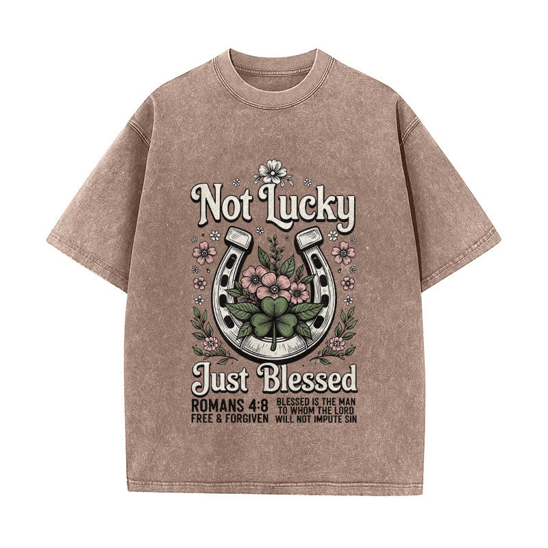 Christianartworkshop Not Lucky Just Blessed" Romans 4:8 Unisex Washed T-Shirt
