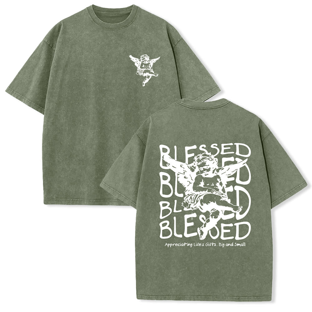 Christianartworkshop Inspired Blessed T-Shirt with Cherub Design Unisex Washed T-Shirt
