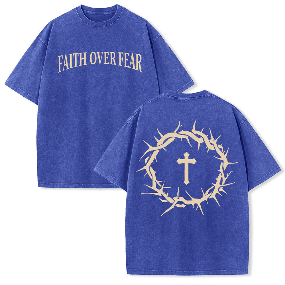 Christianartworkshop Faith Over Fear Thorn Cross Unisex Washed T-Shirt