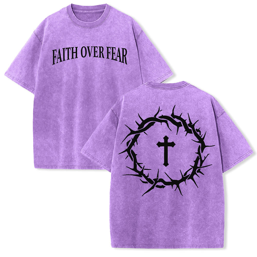 Christianartworkshop Faith Over Fear Thorn Cross Unisex Washed T-Shirt