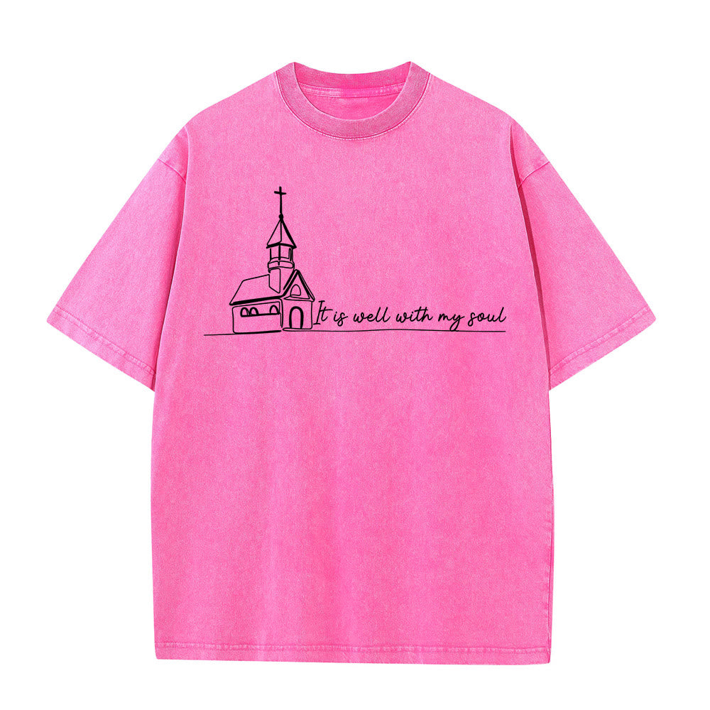 Christianartworkshop It Is Well With My Soul Church Sketch Line Art Unisex Washed T-shirt