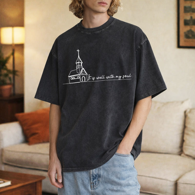 Christianartworkshop It Is Well With My Soul Church Sketch Line Art Unisex Washed T-shirt