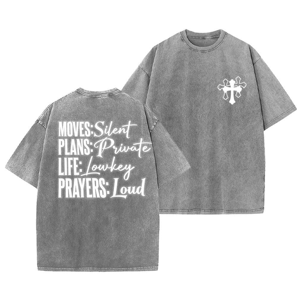 Christianartworkshop Moves Silent Prayers Loud Stylized Cross Mixed Lettering Unisex Washed T-shirt