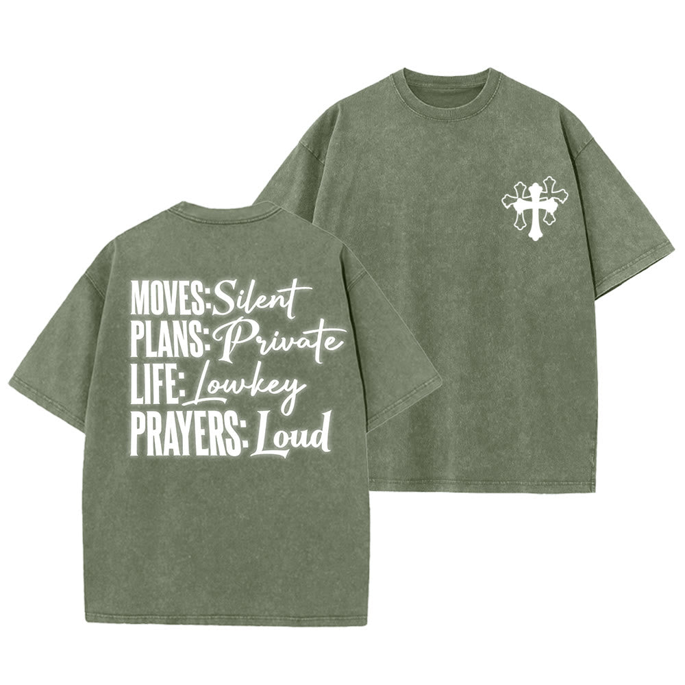 Christianartworkshop Moves Silent Prayers Loud Stylized Cross Mixed Lettering Unisex Washed T-shirt