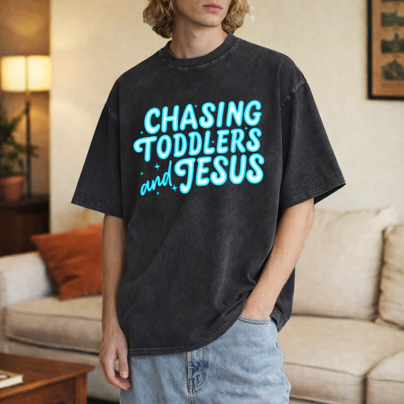 Christianartworkshop Chasing Toddlers and Jesus Bubble Letter Star Accent Unisex Washed T-shirt