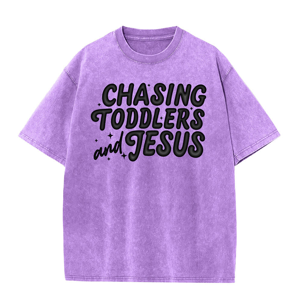 Christianartworkshop Chasing Toddlers and Jesus Bubble Letter Star Accent Unisex Washed T-shirt