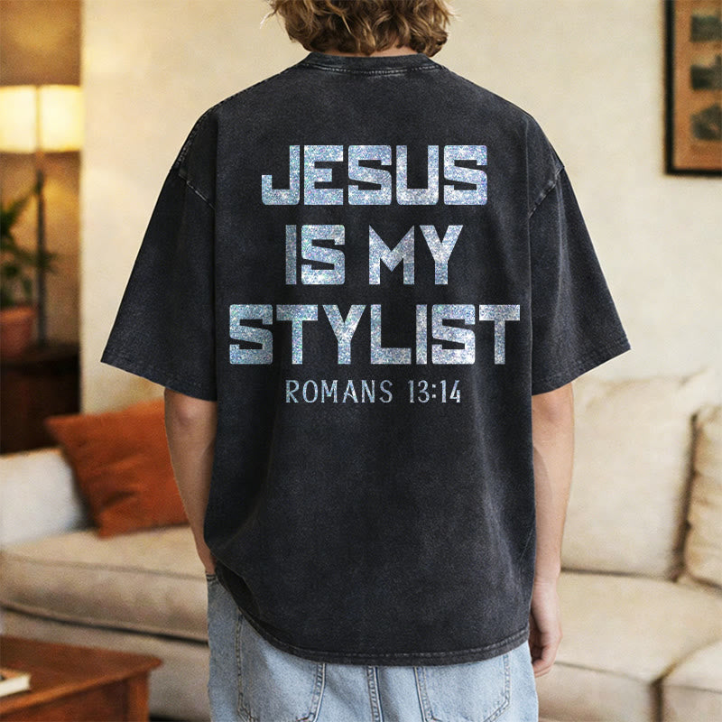 Christianartworkshop Jesus Is My Stylist Romans 13:14 Glitter Letter Rose Cross Unisex Washed T-shirt
