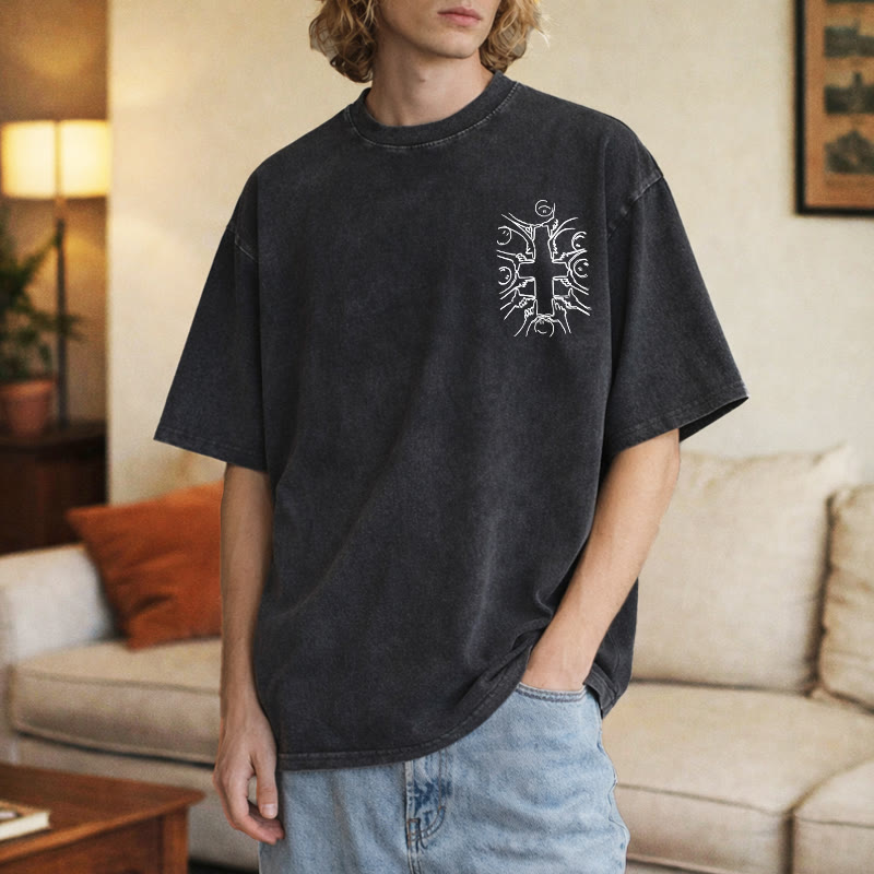 Christianartworkshop Unity Cross Human Figure Line Art Unisex Washed T-shirt