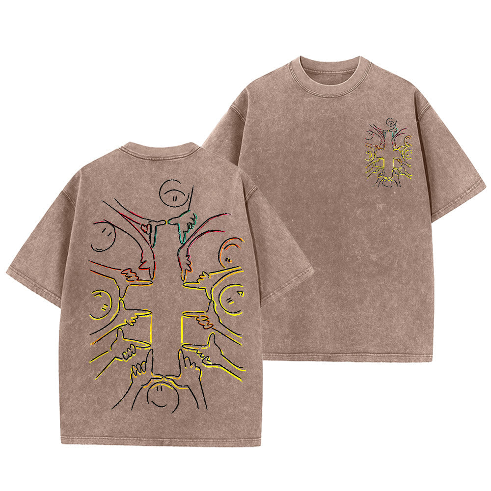 Christianartworkshop Unity Cross Human Figure Line Art Unisex Washed T-shirt