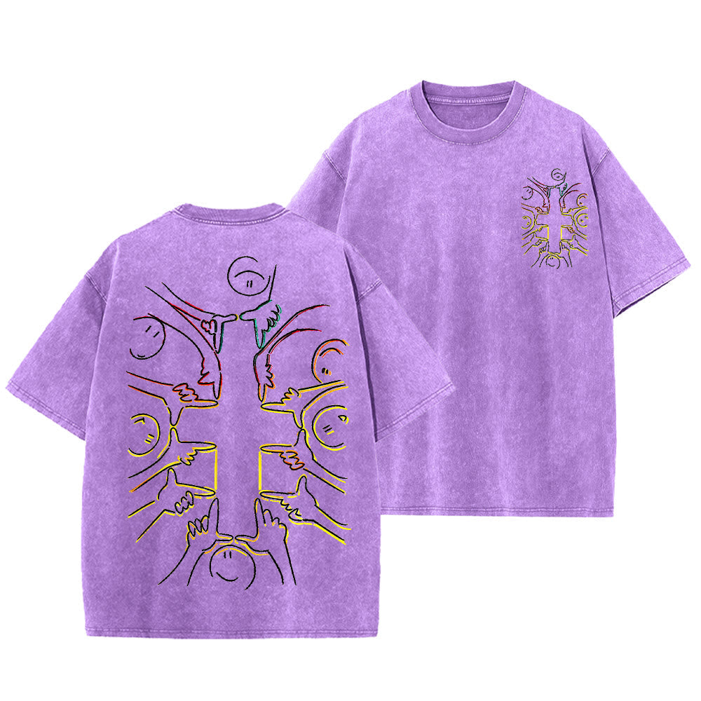 Christianartworkshop Unity Cross Human Figure Line Art Unisex Washed T-shirt