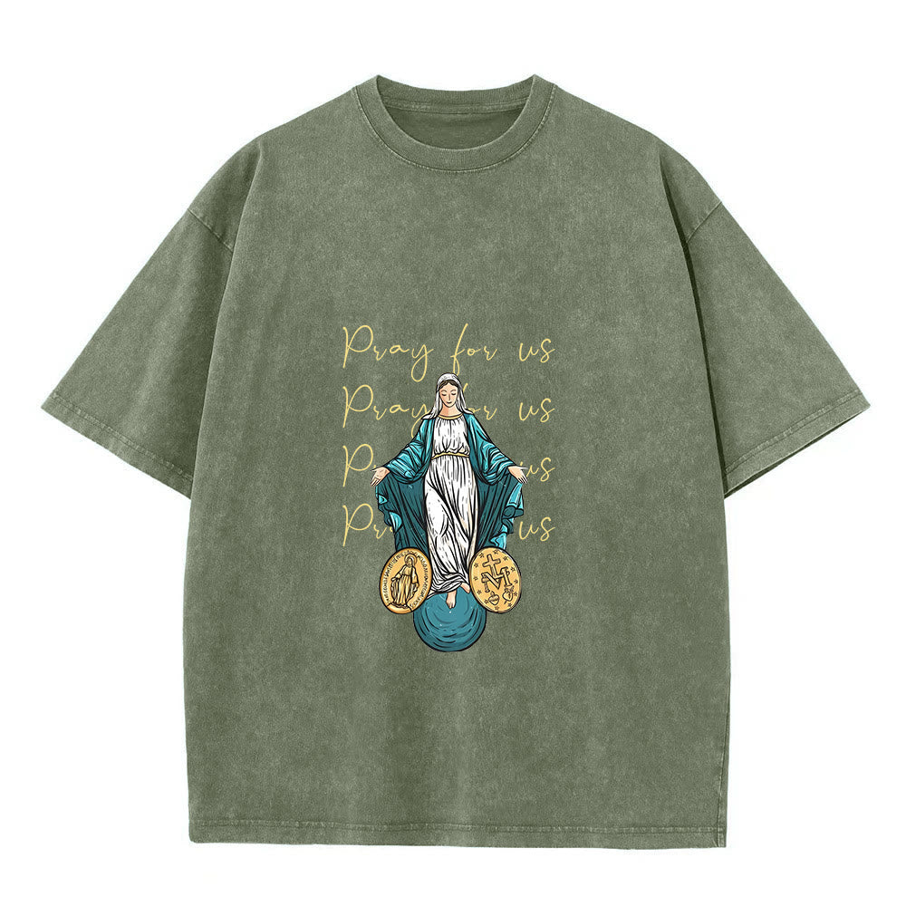 Christianartworkshop Pray For Us Virgin Mary Unisex Washed T-Shirt