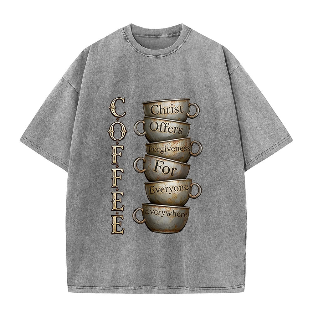 Christianartworkshop COFFEE Christ Offers Forgiveness Unisex Washed T-Shirt