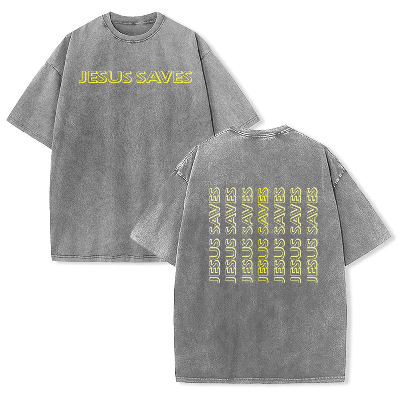 Christianartworkshop Jesus Saves Repeat Text Unisex Washed T-Shirt
