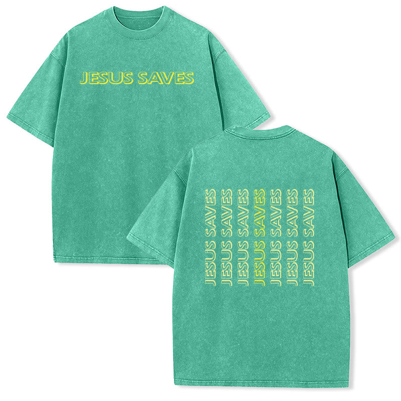 Christianartworkshop Jesus Saves Repeat Text Unisex Washed T-Shirt