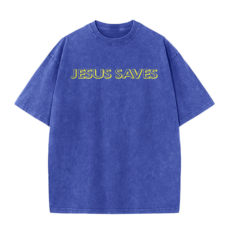Christianartworkshop Jesus Saves Repeat Text Unisex Washed T-Shirt