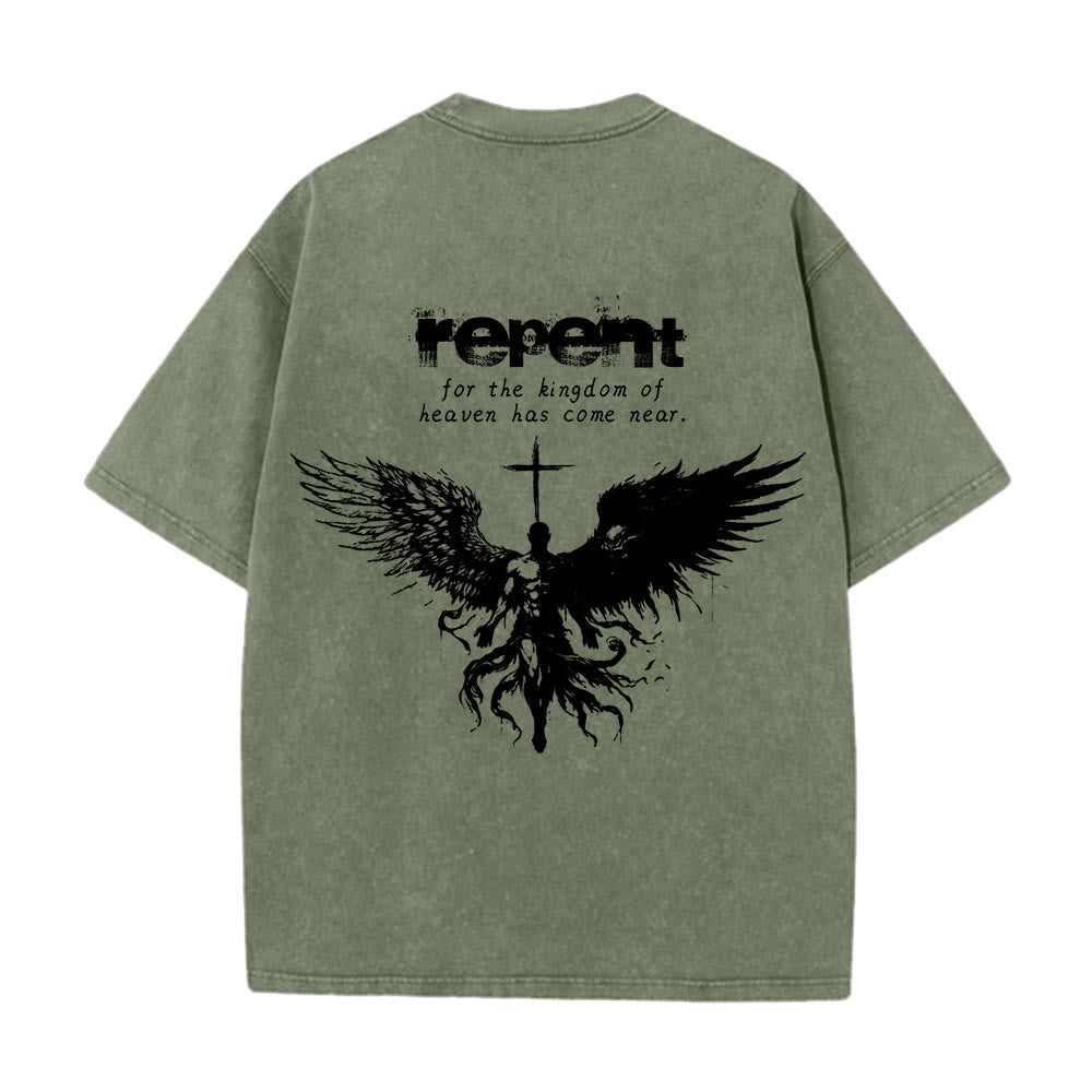Christianartworkshop Repent For The Kingdom Of Heaven Unisex Washed T-Shirt