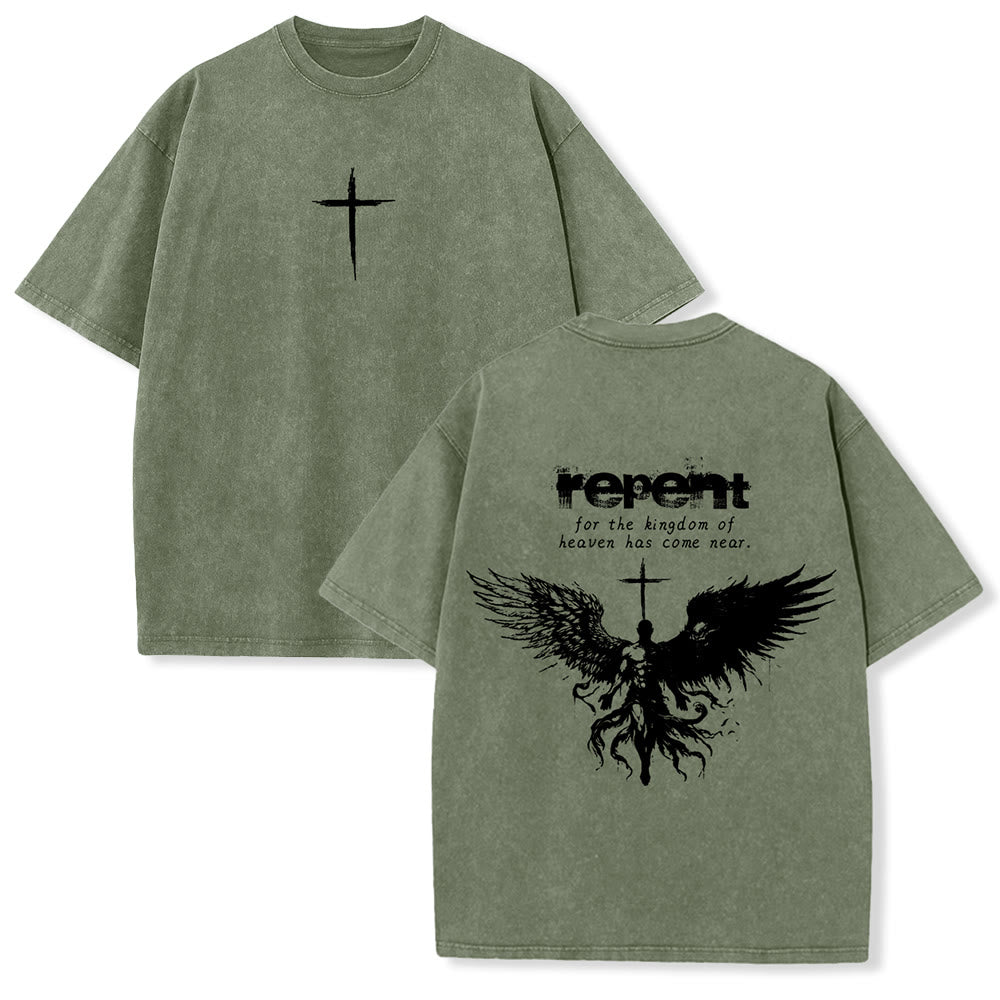 Christianartworkshop Repent For The Kingdom Of Heaven Unisex Washed T-Shirt