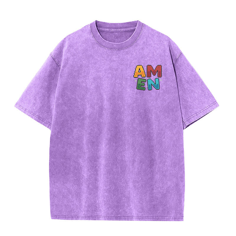 Christianartworkshop Amen Pixel Art Agree Move End Never Acronym Front And Back Print Washed T-Shirt