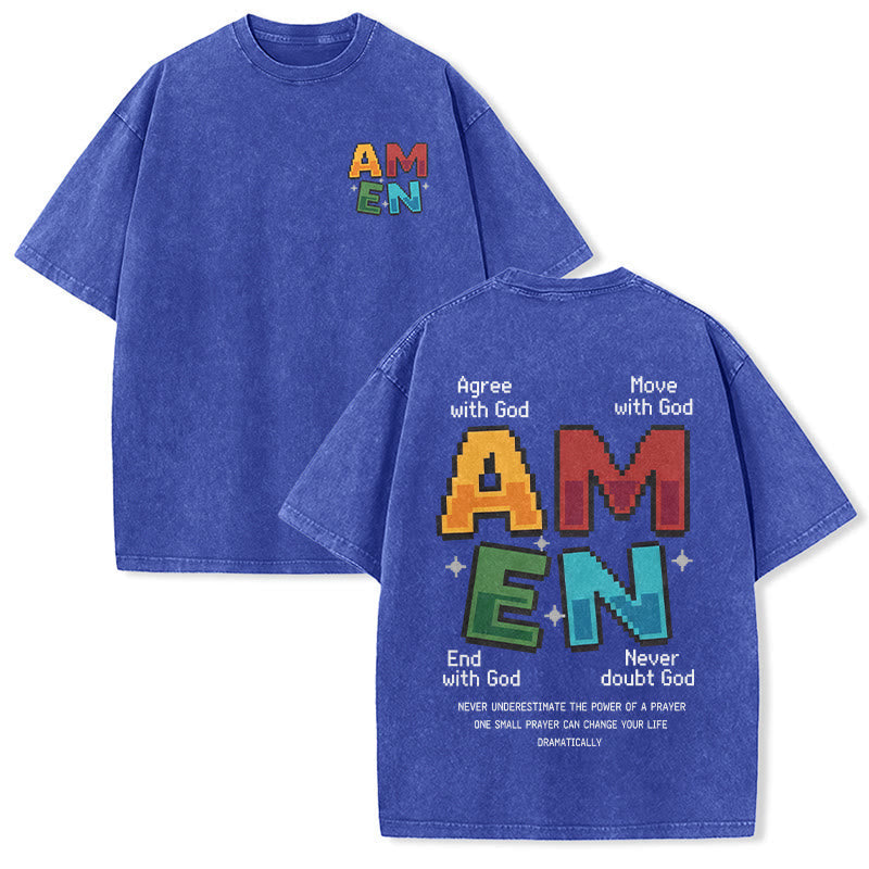 Christianartworkshop Amen Pixel Art Agree Move End Never Acronym Front And Back Print Washed T-Shirt