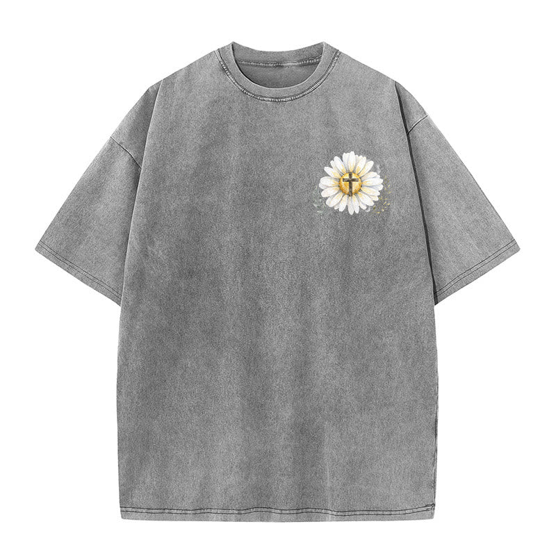 Christianartworkshop Jesus Saved My Life Watercolor Daisy Cross Front And Back Print Washed T-Shirt