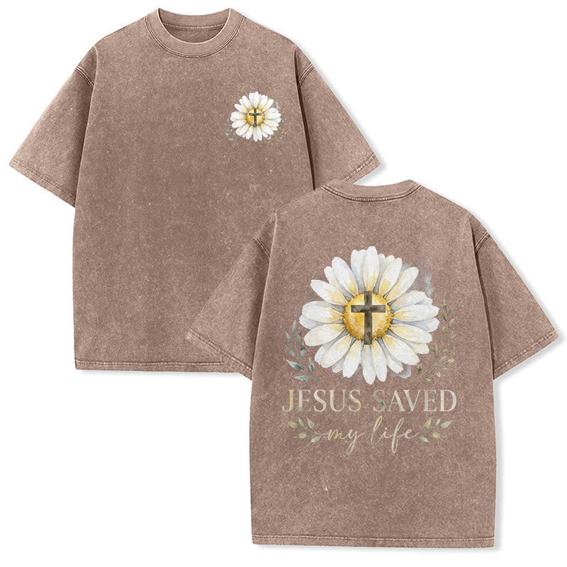Christianartworkshop Jesus Saved My Life Watercolor Daisy Cross Front And Back Print Washed T-Shirt