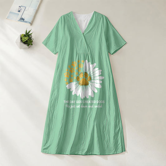 Christianartworkshop The Day God Created Dogs Daisy & Paw Print V-Neck Short Sleeve Midi Dress