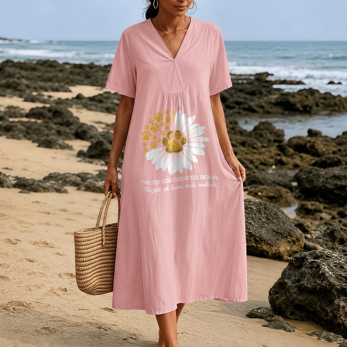 Christianartworkshop The Day God Created Dogs Daisy & Paw Print V-Neck Short Sleeve Midi Dress