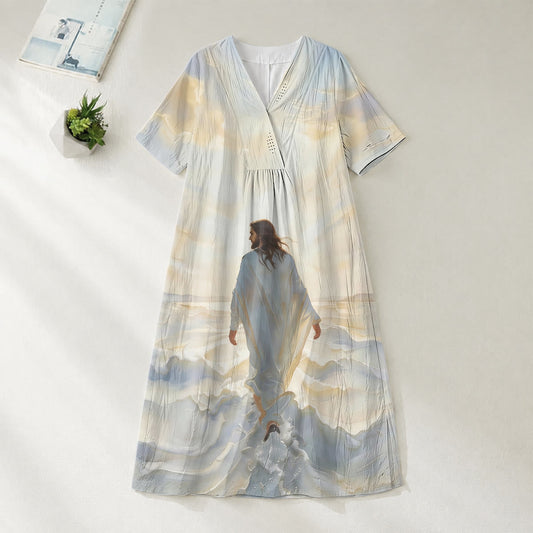 Christianartworkshop Faithful "Jesus Walks On Water" Scenic V-Neck Short Sleeve Midi Dress