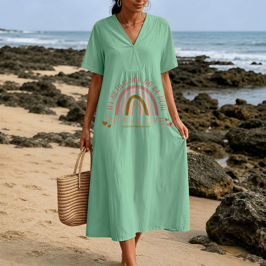 Christianartworkshop Plain Tone Love Scripture Rainbow Heart Slogan V-Neck Casual Midi Dress