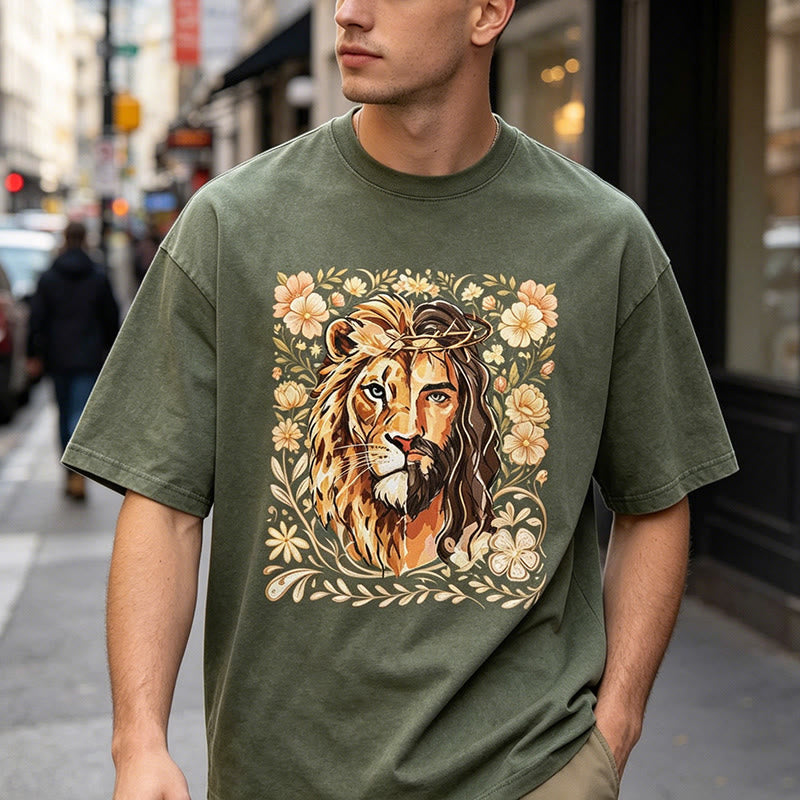 Christianartworkshop Lion of Judah Floral Faith Statement Washed Unisex T-Shirt
