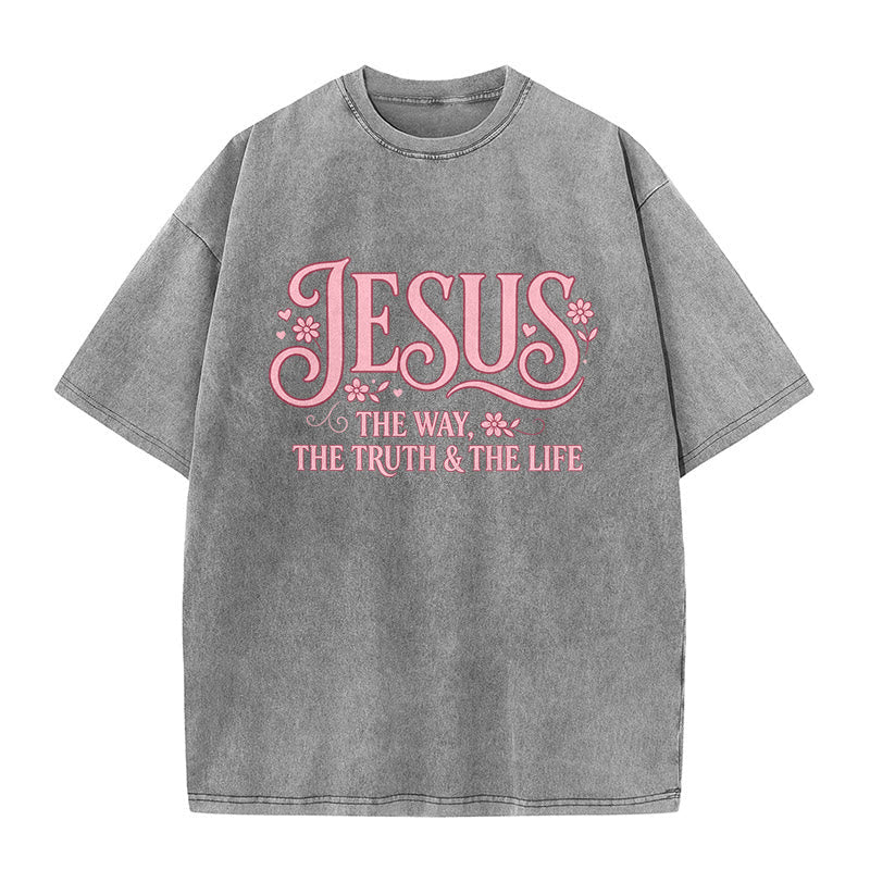 Christianartworkshop Decorative Floral "Jesus The Way The Truth & The Life" Washed Unisex T-Shirt