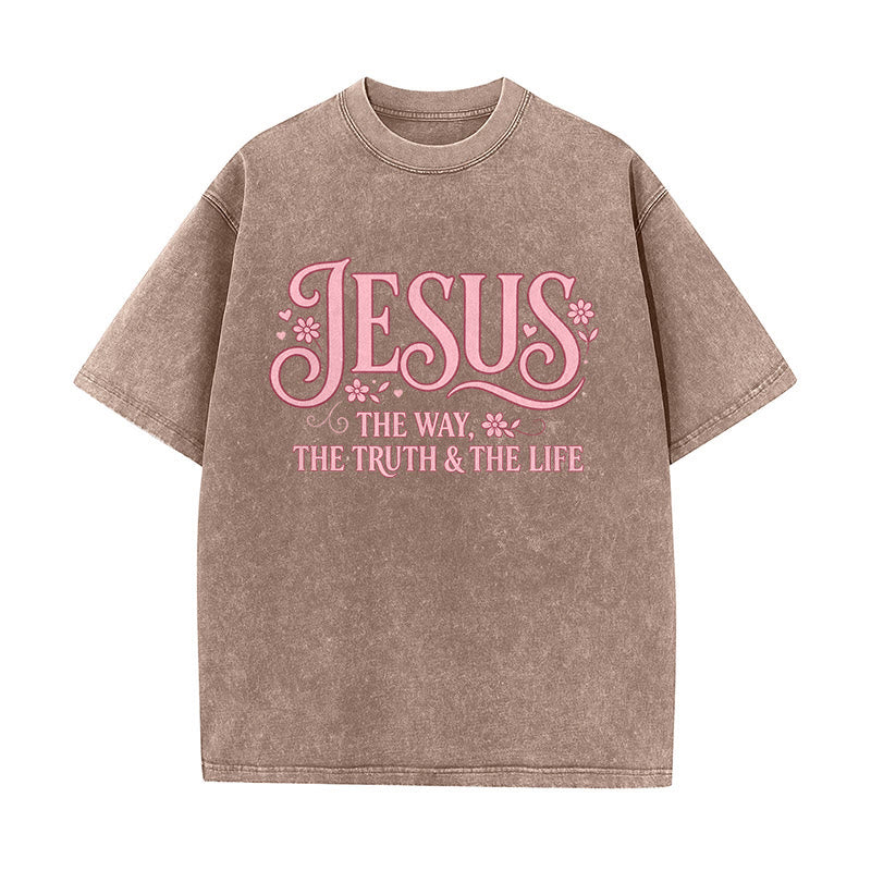 Christianartworkshop Decorative Floral "Jesus The Way The Truth & The Life" Washed Unisex T-Shirt