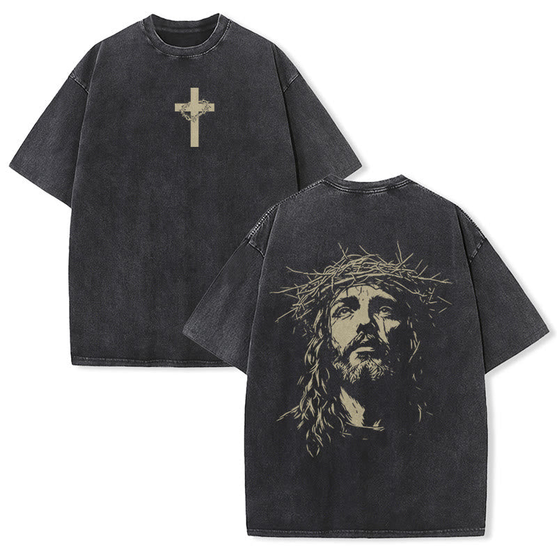 Christianartworkshop Cross with Crown of Thorns Detail Washed Unisex T-Shirt