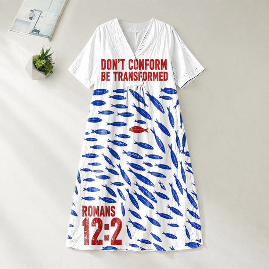 Christianartworkshop "Don't Conform Be Transformed" Romans 12:2 Fish Print V-Neck Short Sleeve Midi Dress