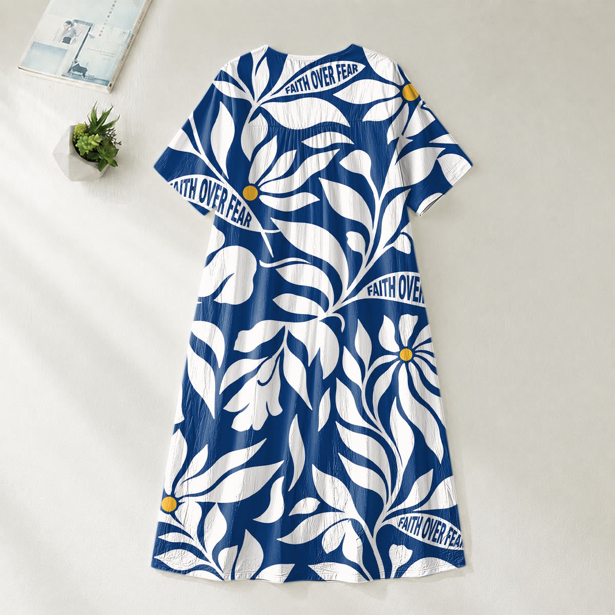 Christianartworkshop "Faith Over Fear" Tropical Floral Print V-Neck Short Sleeve Midi Dress