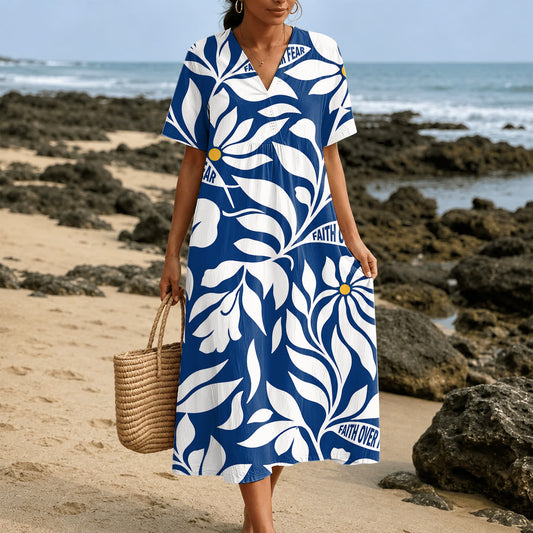 Christianartworkshop "Faith Over Fear" Tropical Floral Print V-Neck Short Sleeve Midi Dress