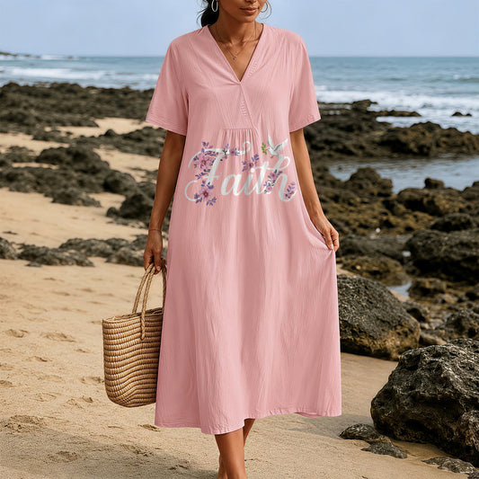 Christianartworkshop Faith Script White Dove & Blossom Print V-Neck Beach Midi Dress