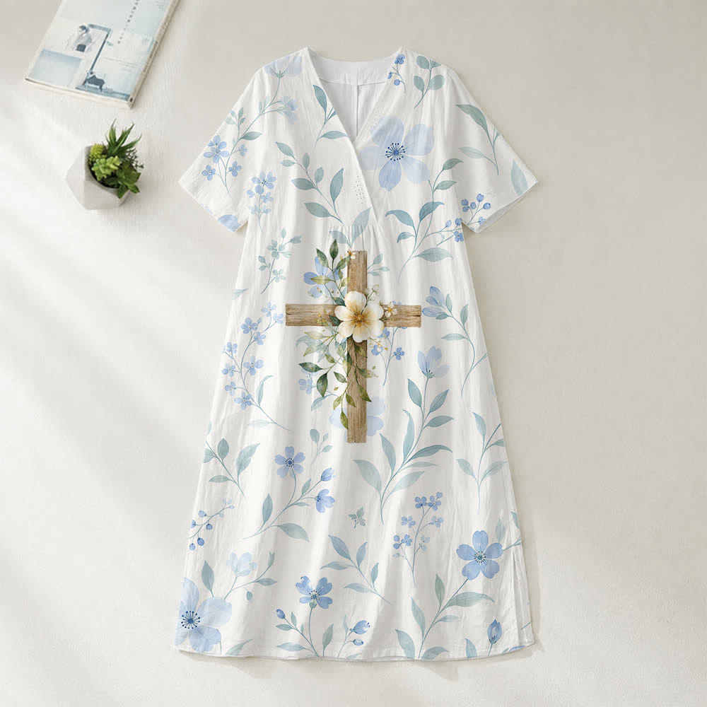 Christianartworkshop Floral Wood Cross Watercolor V-Neck Short Sleeve Midi Dress