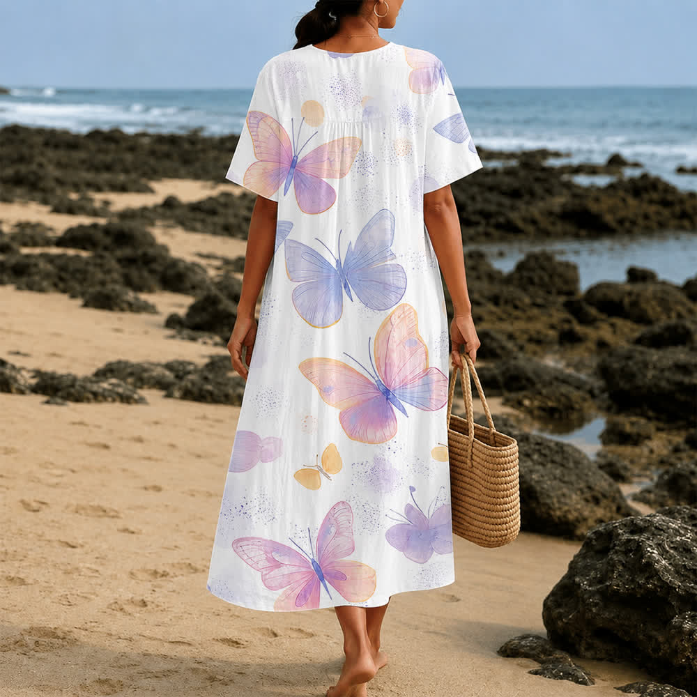 Christianartworkshop Grace Changes Everything Pastel Butterfly V-Neck Short Sleeve Midi Dress