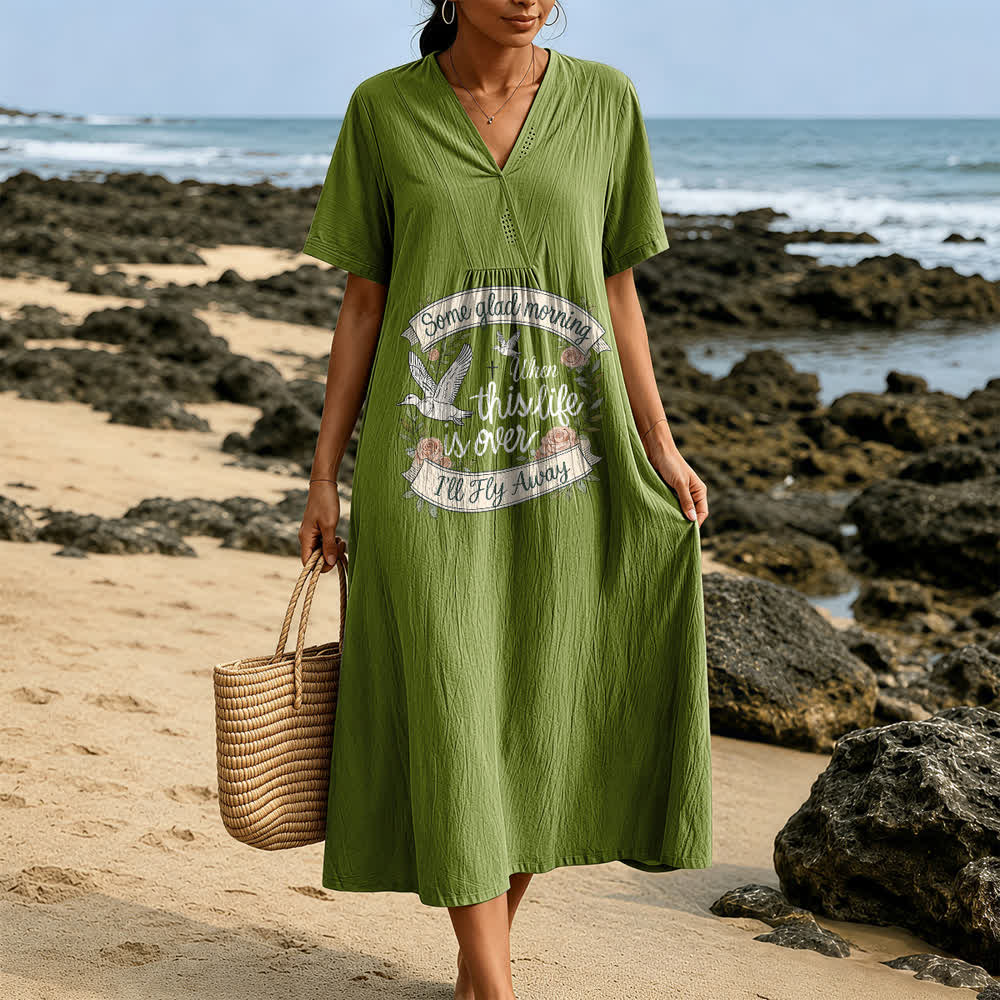Christianartworkshop Some Glad Morning I'll Fly Away Floral Dove V-Neck Short Sleeve Midi Dress