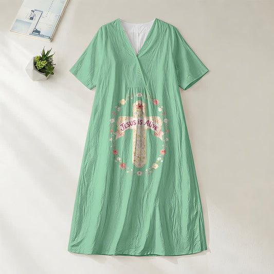 Christianartworkshop Jesus Is Alive Floral Cross V-Neck Short Sleeve Midi Dress