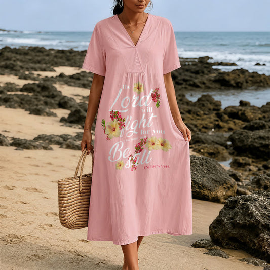 Christianartworkshop Hibiscus Floral Accent "The Lord Will Fight For You" V-Neck Short Sleeve Midi Dress