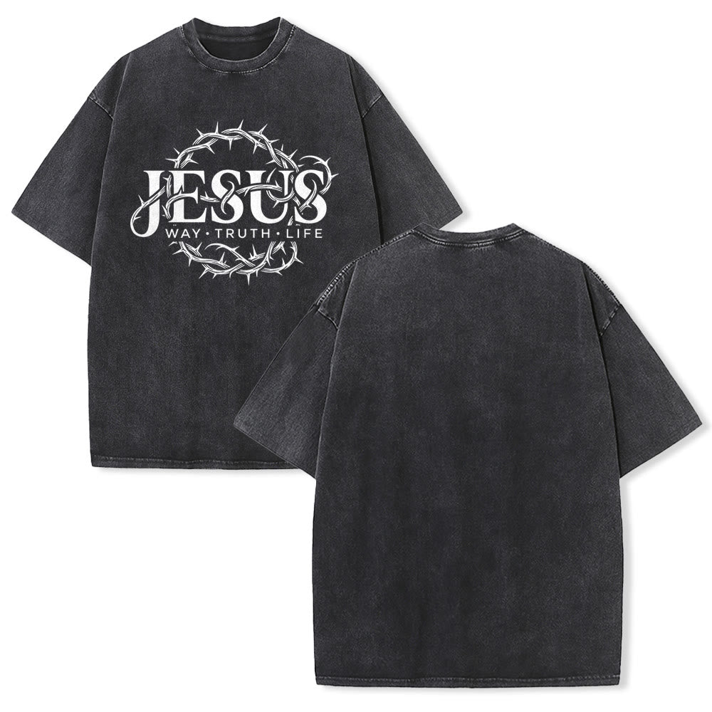 Christianartworkshop Jesus Way Truth Life Crown Of Thorns Circular Graphic Washed Unisex T-Shirt