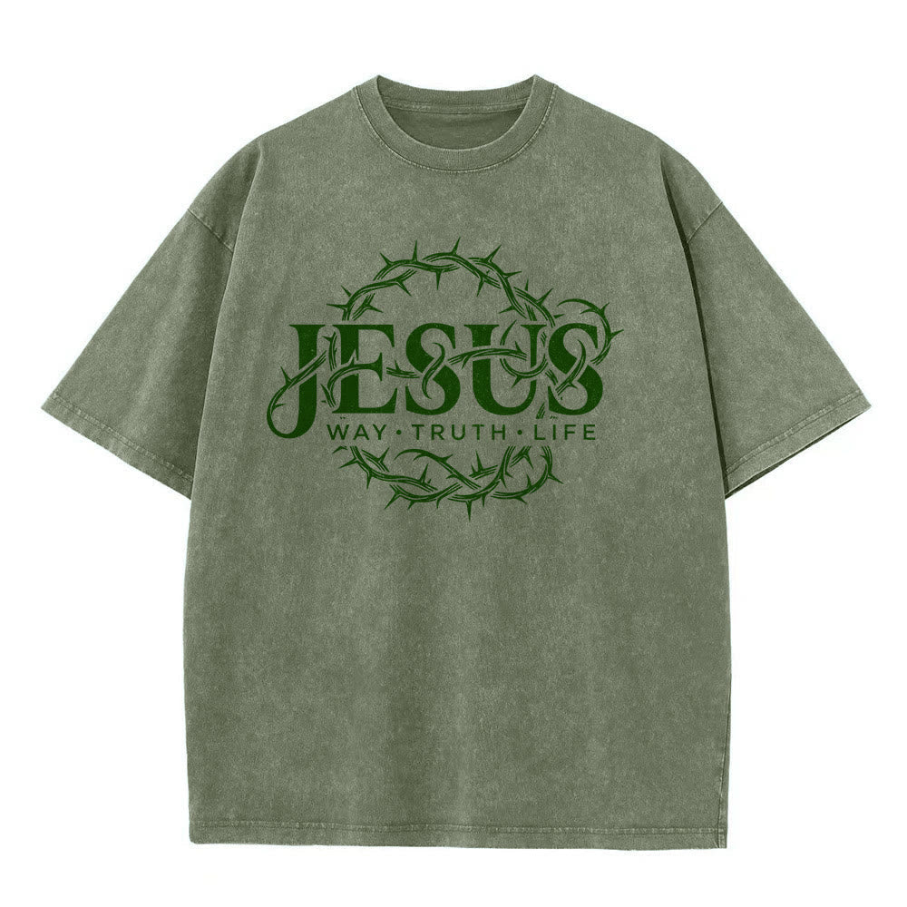 Christianartworkshop Jesus Way Truth Life Crown Of Thorns Circular Graphic Washed Unisex T-Shirt