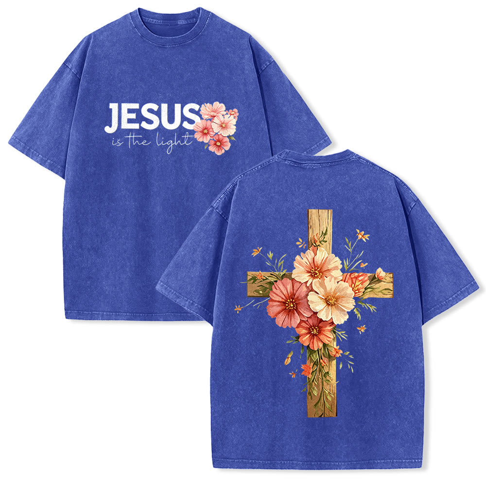 Christianartworkshop Jesus Is The Light Double Sided Floral Cross Graphic Washed Unisex T-Shirt